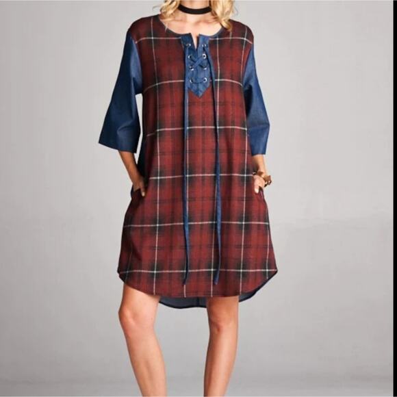 Plaid and Chambray Half Sleeve Grommet Placket Shirt Tail Hem Boho Tunic Dress - Picture 2 of 12